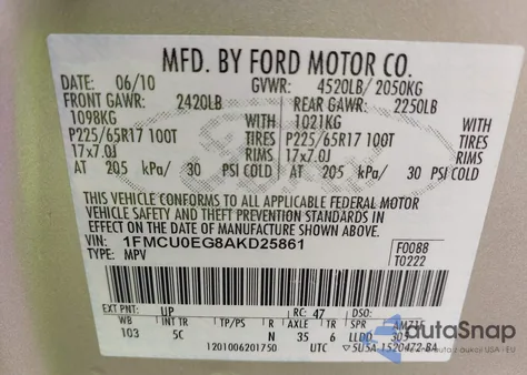 2010 Ford Escape Limited из США, поврежденный, VIN 1FMCU0EG8AKD25861